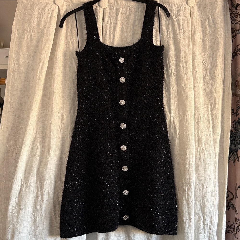 Zara Black Textured Mini Dress with Button Accents